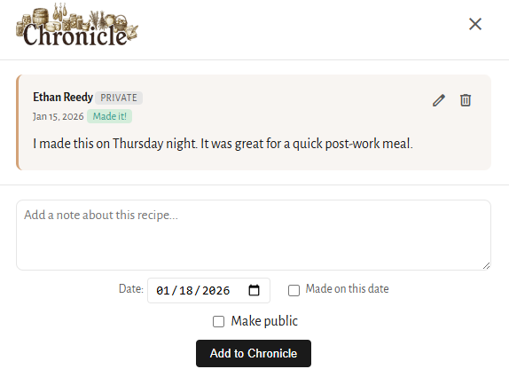 Chronicle modal with a sample note