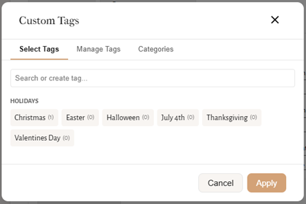 Custom Tags modal showing a Holidays category with tags