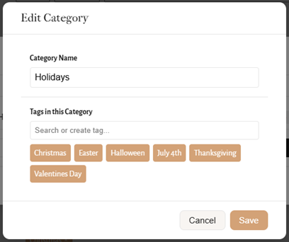 Edit Category modal showing a Holidays category with holiday tags