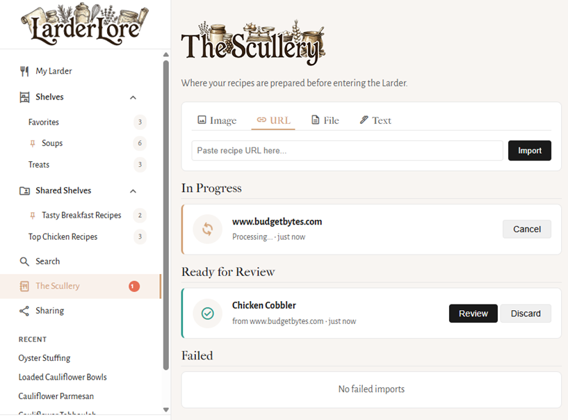 The Scullery page showing pending imports